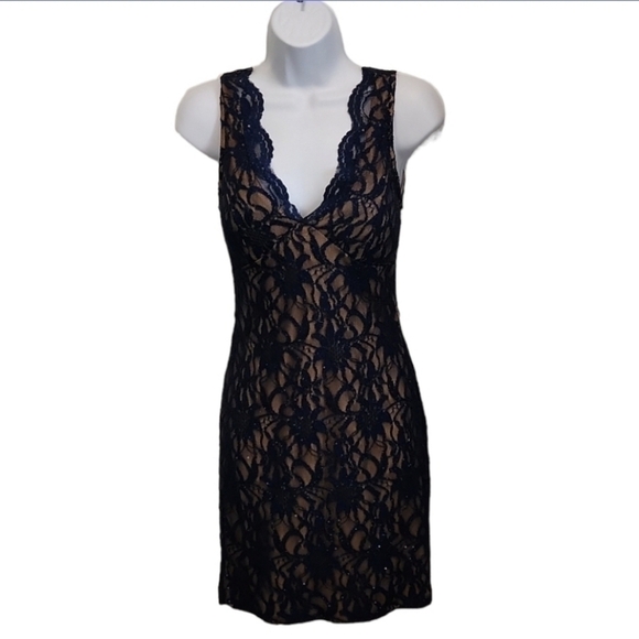 𝅺Jodi Kristopher Navy Lace Sparkle Glitter Cocktail Dress - Picture 2 of 10